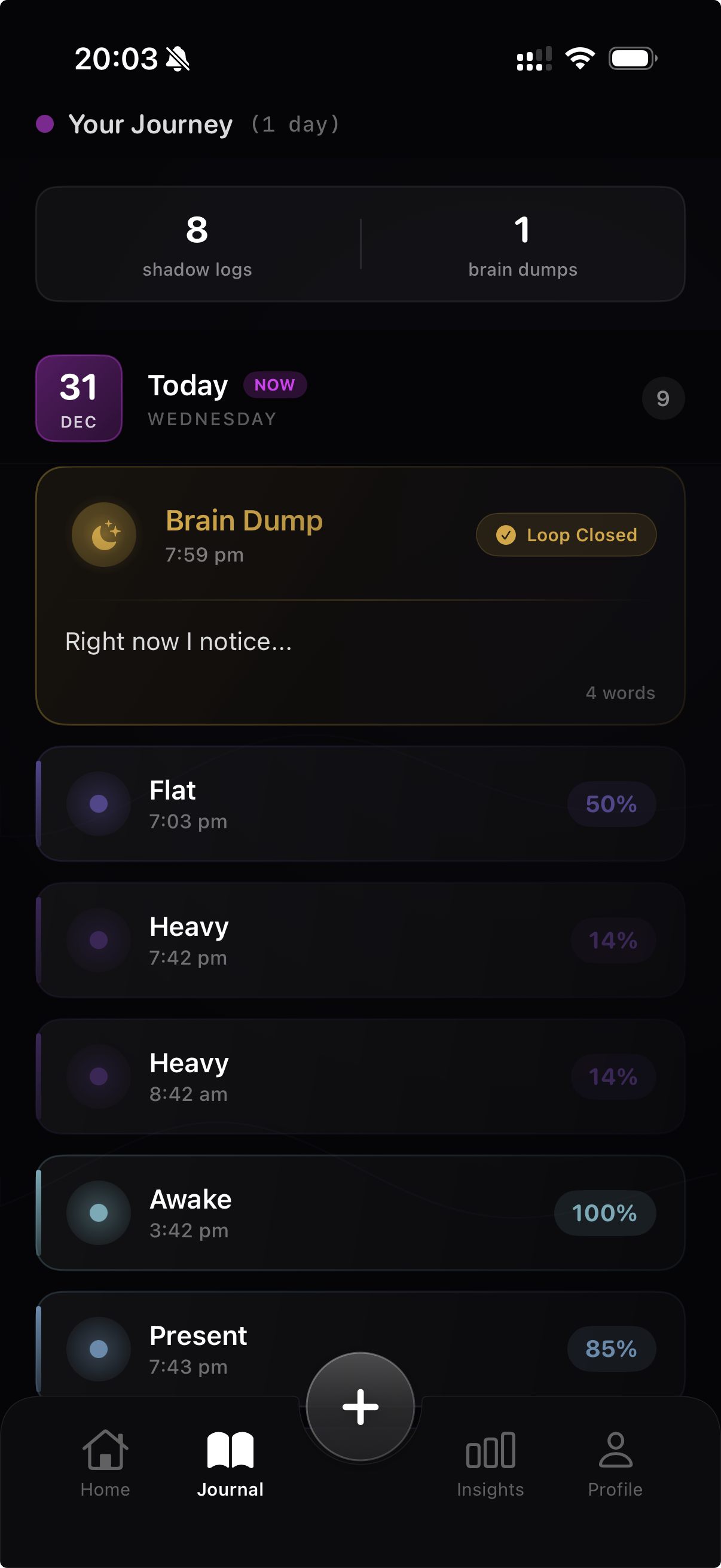 Shadow app journal with mood entries